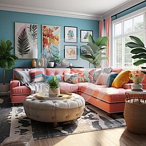 Furnished Modern Living room, bright blue and pink color palette, interior design