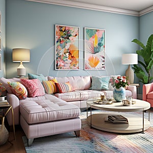 Furnished Modern Living room, bright blue and pink color palette, interior design