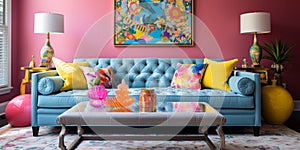 Furnished Modern Living room, bright blue and pink color palette, interior design