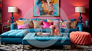 Furnished Modern Living room, bright blue and pink color palette, interior design