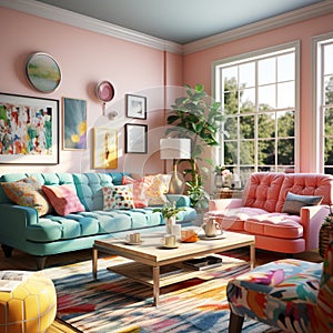 Furnished Modern Living room, bright blue and pink color palette, interior design