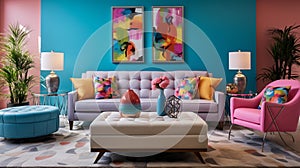 Furnished Modern Living room, bright blue and pink color palette, interior design