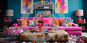 Furnished Modern Living room, bright blue and pink color palette, interior design