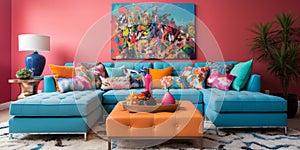 Furnished Modern Living room, bright blue and pink color palette, interior design