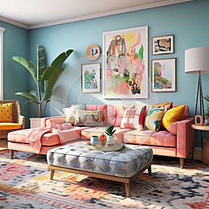 Furnished Modern Living room, bright blue and pink color palette, interior design