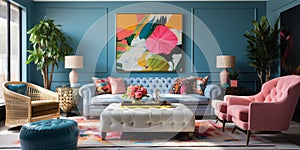 Furnished Modern Living room, bright blue and pink color palette, interior design