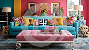 Furnished Modern Living room, bright blue and pink color palette, interior design