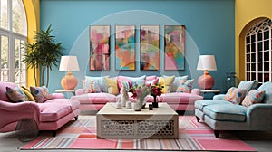 Furnished Modern Living room, bright blue and pink color palette, interior design