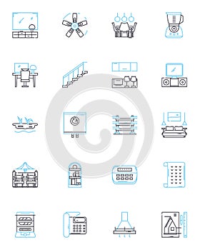Furnishings shop linear icons set. Sofas, Chairs, Tables, Desks, Beds, Mattresses, Rugs line vector and concept signs