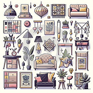Furniture and accessories: illustration of a living room interior