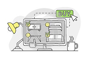 Furniture Buying with Internet Store and Items Line Vector Illustration