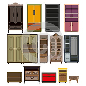 Furniture cabinet and wardrobe chests vector isolated flat icons set