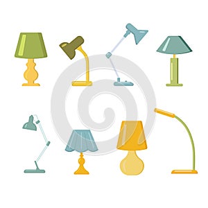 Table lamp in flat cartoon style. Set of lamps isolated. Chandeliers - elements of interior. Vector illustration.