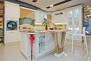 Furniture of the classic italian kitchen. Modern style. Design background. Home decoration. Modern home interior. Modern kitchen