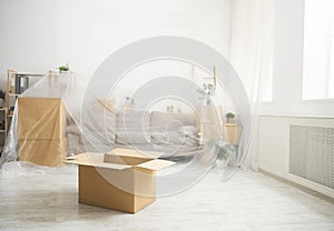 Furniture covered oilcloth and open cardboard box photo