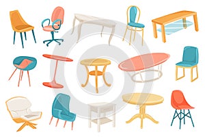 Furniture cute stickers isolated set. Collection of chairs and tables