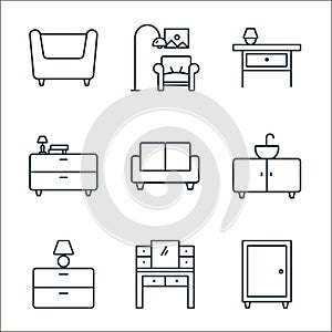 furniture decoration line icons. linear set. quality vector line set such as locker, dressing table, bedside table, sink, couch,