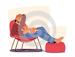 Furniture Design, Relaxing Sparetime. Relaxed Character with Cat on Hands Sitting in Comfortable Chair with Legs on Pouf