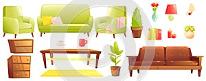 Furniture design set. Modern Sofa and chairs with a blanket, pillows and next to a wooden coffee table.