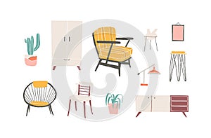 Furniture elements hand drawn vector illustrations set. Living room furnishing. Comfortable and stylish armchair