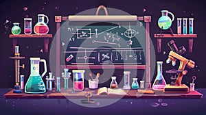 Furniture and equipment for chemistry classrooms or science labs. Chalkboards with formulas, glassware, microscopes