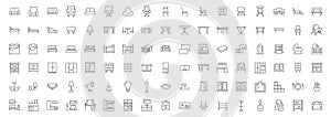 Furniture flat line icons set. Kitchen, bedroom, sofa table, bookcase closet, chair, mattress, lamps, ladder vector