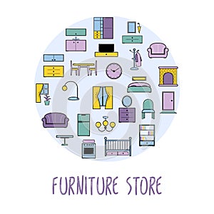 Furniture and home accessories banner with vector flat icons sofa, bookshelf, bed, tables. Set icons of furniture