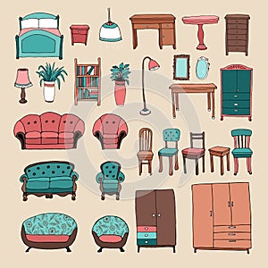 Furniture and home accessories icons set