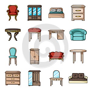 Furniture and home interior set icons in cartoon style. Big collection of furniture and home interior vector symbol