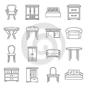 Furniture and home interior set icons in outline style.