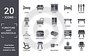 furniture.and.household icon set. include creative elements as lounger, silverware, adornment, mattress, stool, hanger filled