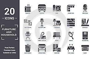 furniture.and.household icon set. include creative elements as radiator, desk chair, linens, bench, gateleg table, office chair