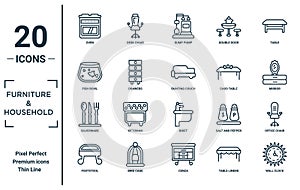 furniture.&.household linear icon set. includes thin line oven, fish bowl, silverware, footstool, wall clock, fainting couch,