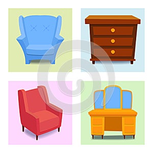 Furniture interior icons home design modern living room house sofa comfortable apartment couch vector illustration