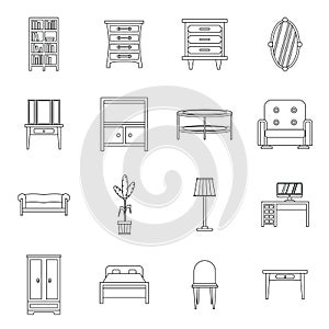 Furniture icons set, outline style