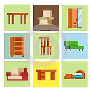 Furniture icons vector illustration interior living cupboard simple element indoor home set room cabinet office