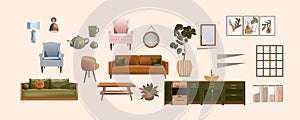 Furniture for the interior. Boho style, blue sofa, coffee table, tuned pattern set, lamp, blue armchair, home flowers. Isolated