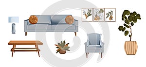 Furniture for the interior. Boho style, blue sofa, coffee table, tuned pattern set, lamp, blue armchair, home flowers. Isolated