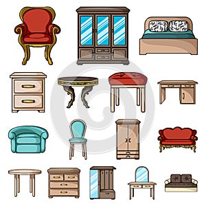 Furniture and interior cartoon icons in set collection for design.Home furniture vector symbol stock web illustration.