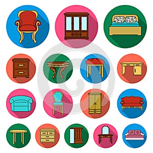 Furniture and interior flat icons in set collection