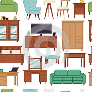 Furniture interior home design modern living room house seamless pattern background vector illustration