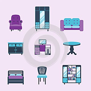 Furniture interior icons home design modern living room house comfortable apartment vector illustration