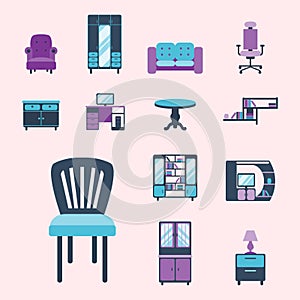 Furniture interior icons home design modern living room house comfortable apartment vector illustration