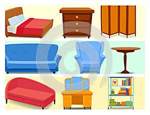 Furniture interior icons home design modern living room house sofa comfortable apartment couch vector illustration