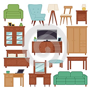 Furniture interior icons home design modern living room house sofa comfortable apartment couch vector illustration