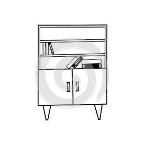 Furniture, interior item. Bookcase with legs and storage drawers, books on shelves. Drawn in vector with a black outline