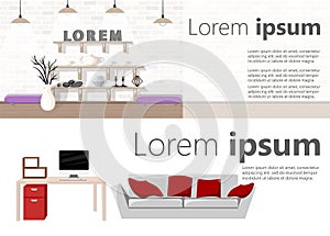 Furniture Interior Living room with sofa table, lamp pictures window. Vector. Two banner for web design. Office theme. Workplace.