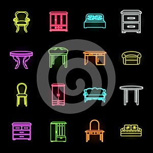 Furniture and interior neon icons in set collection for design.Home furniture vector symbol stock web illustration.