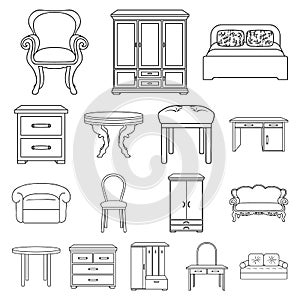 Furniture and interior outline icons in set collection for design.Home furniture vector symbol stock web illustration.