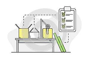 Furniture Item Order Batching with Cardboard Box and Check List Line Vector Illustration